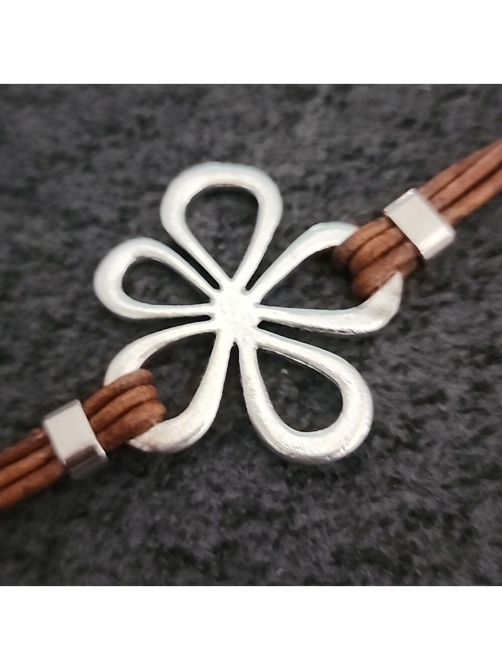 Silvertone Flower Bracelet Brown Cord - Picture 3 of 6